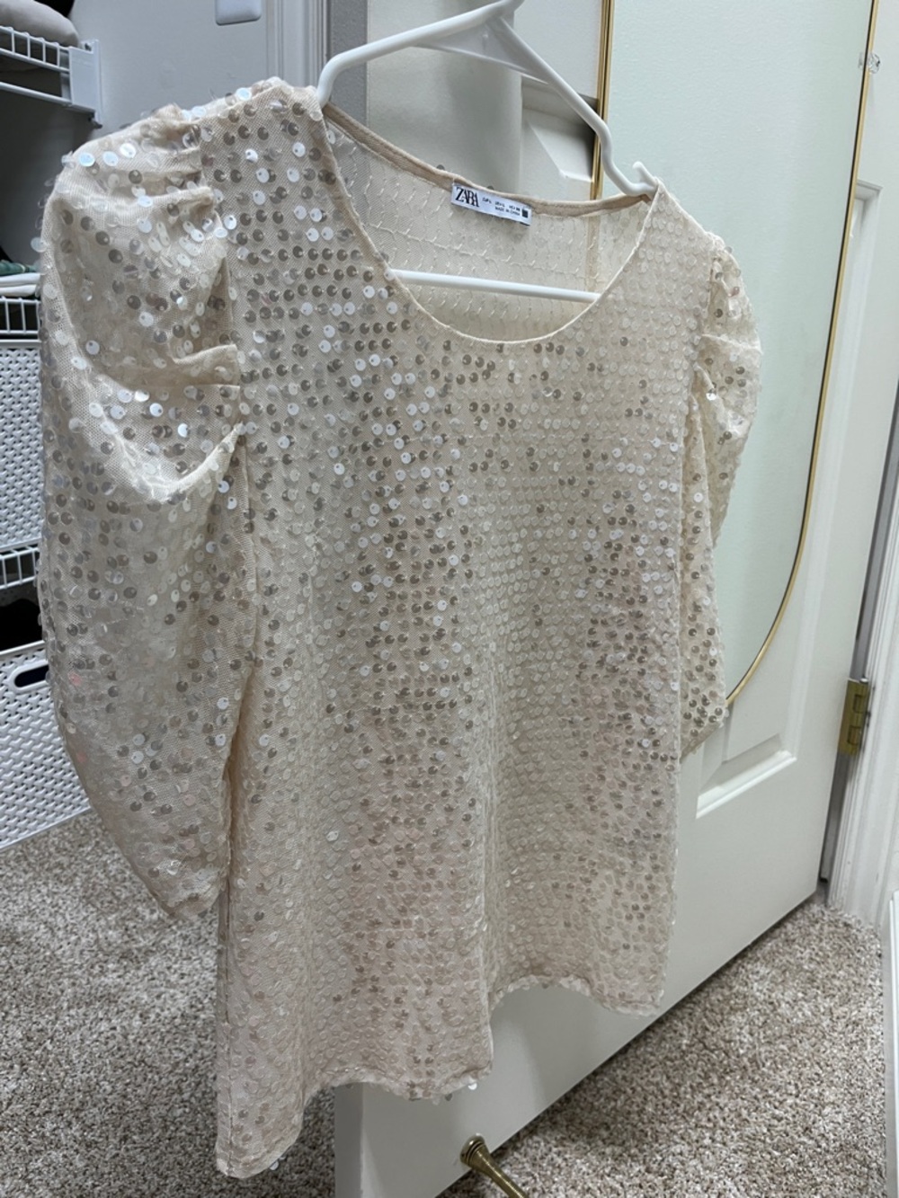 ZARA Cream Sequin Mesh Shell Top